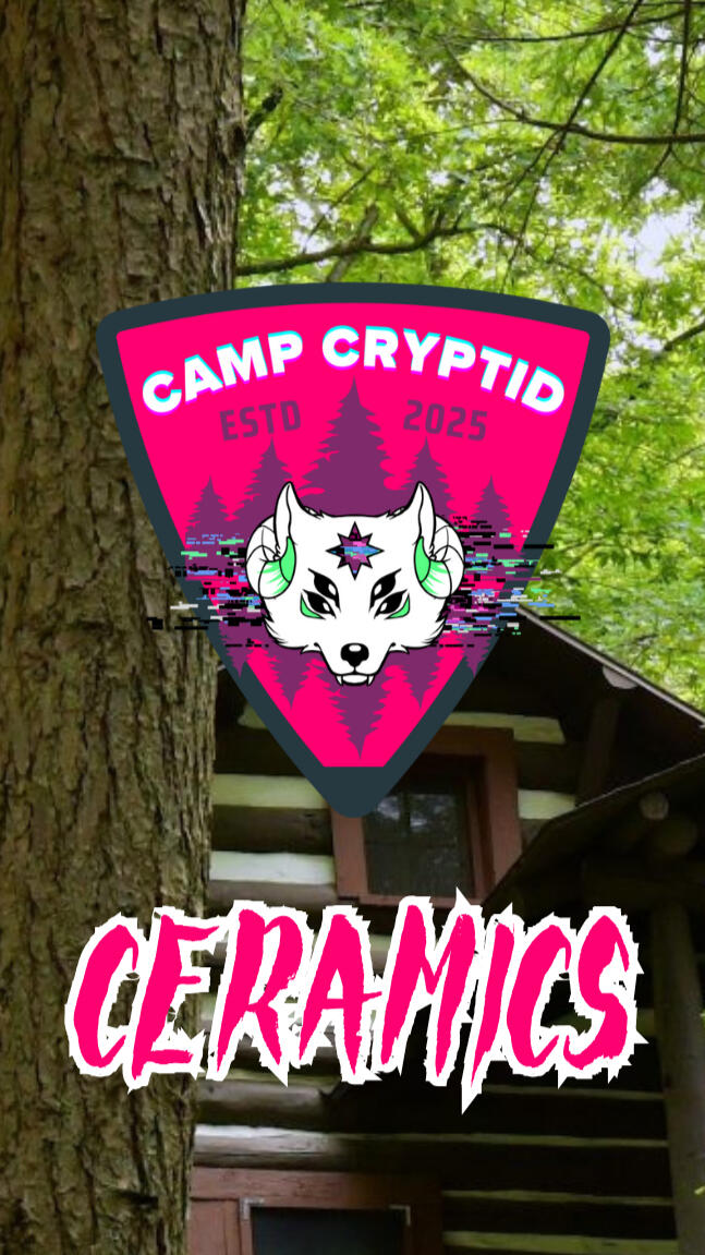 An image of a cabin in the woods with a girlscout-esque badge superimposed. The badge says "Camp Cryptid" in a glitched font.